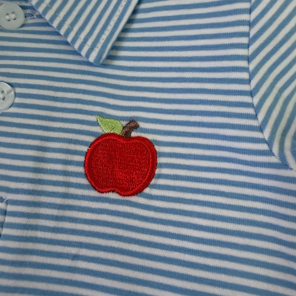 Stitchy Fish Apple Polo Shirt 18M NWOT Blue Stripe Back to School - Picture 3 of 5